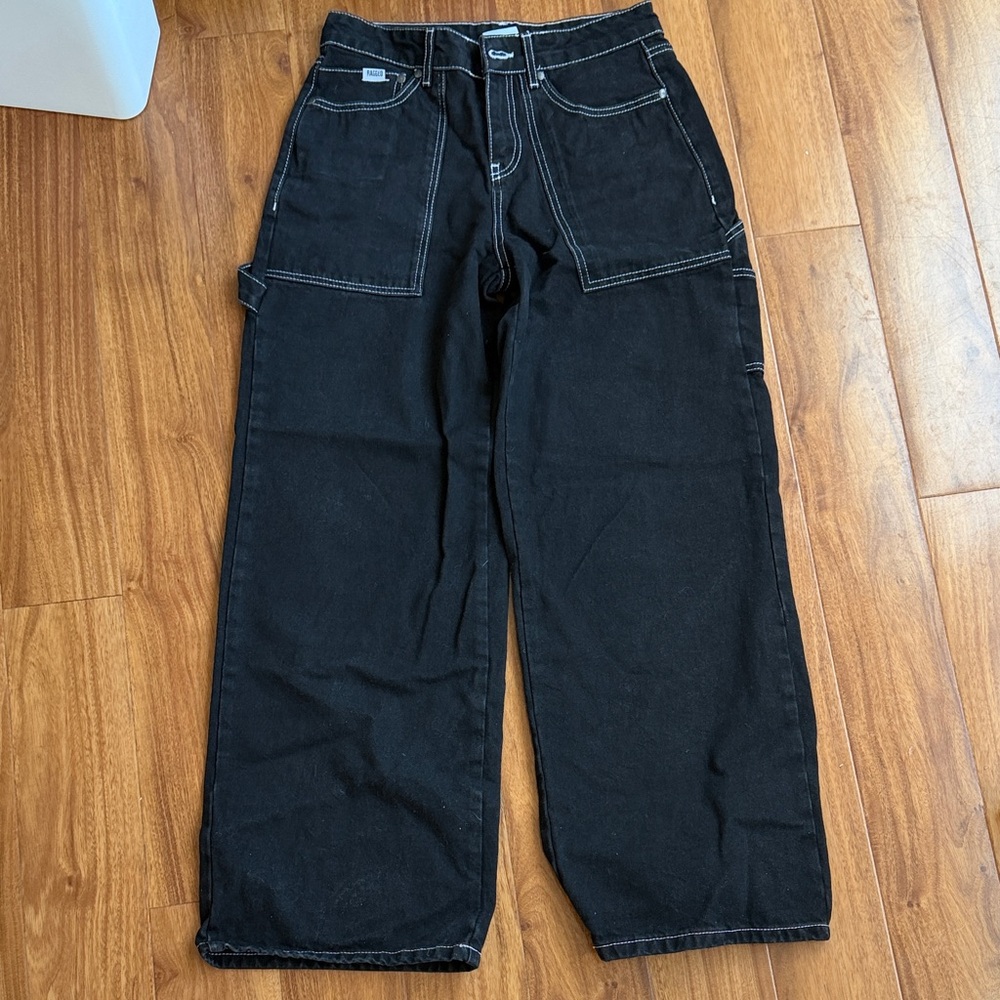 Ragged Black Wide-Leg Carpenter Jeans with Contrast Stitching Women